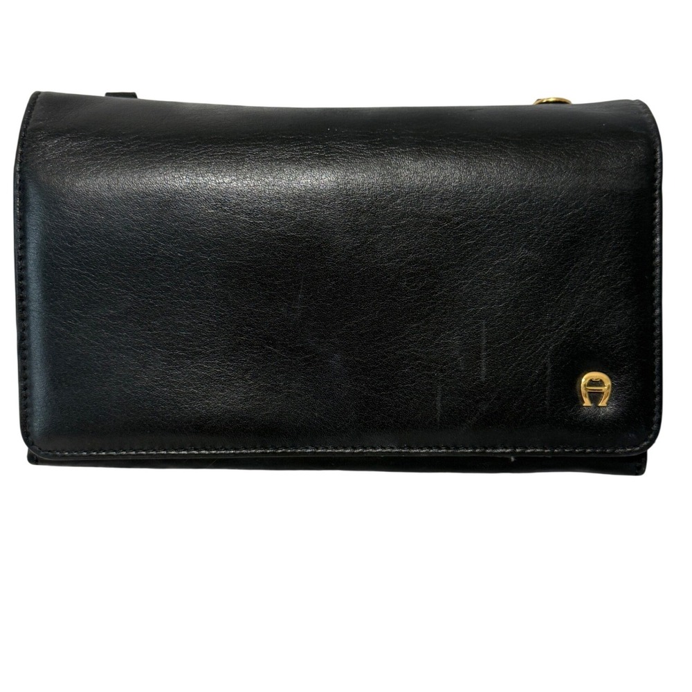 Etienne Aigner Black Leather Crossbody Wallet Bag Gold Logo Organizer Clutch